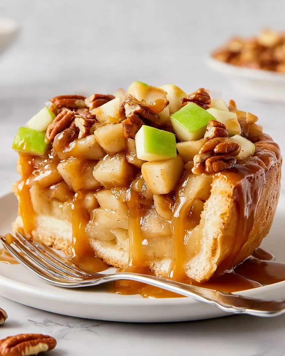 A thick slice of apple caramel dessert on a white plate sits on a white marbled surface. The base layer is a golden brown pastry crust with a slightly crisp texture. Above that is a moist cooked apple filling that looks soft and tender. On top, there is a chunky layer of fresh rounded apple cubes in green and light cream colors. Generous amber caramel sauce drizzles over the apples, dripping down the sides, adding a shiny, smooth texture. Scattered on top are many roasted pecan halves, adding a rough, nutty appearance. A silver fork rests on the plate’s edge with a small bit of caramel on the tip. Photo taken with an iphone --ar 4:5 --v 7