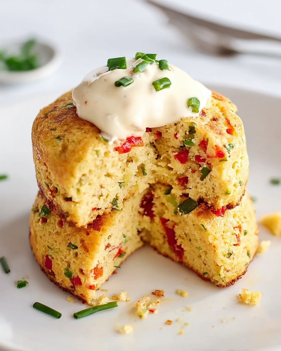 A stack of two thick, golden-brown savory cakes with a soft and crumbly texture is displayed on a white plate. The cakes contain visible small green herbs and red pepper pieces mixed throughout. The top cake has a dollop of white creamy sauce sitting near the center, garnished with small green herb pieces. The top cake is slightly cut into, revealing the moist and fluffy inside with herb and pepper bits continuing through both layers. A few crumbs and herb pieces are scattered on the plate nearby, with a fork blurred in the background. The whole scene is set against a white marbled surface. photo taken with an iphone --ar 4:5 --v 7