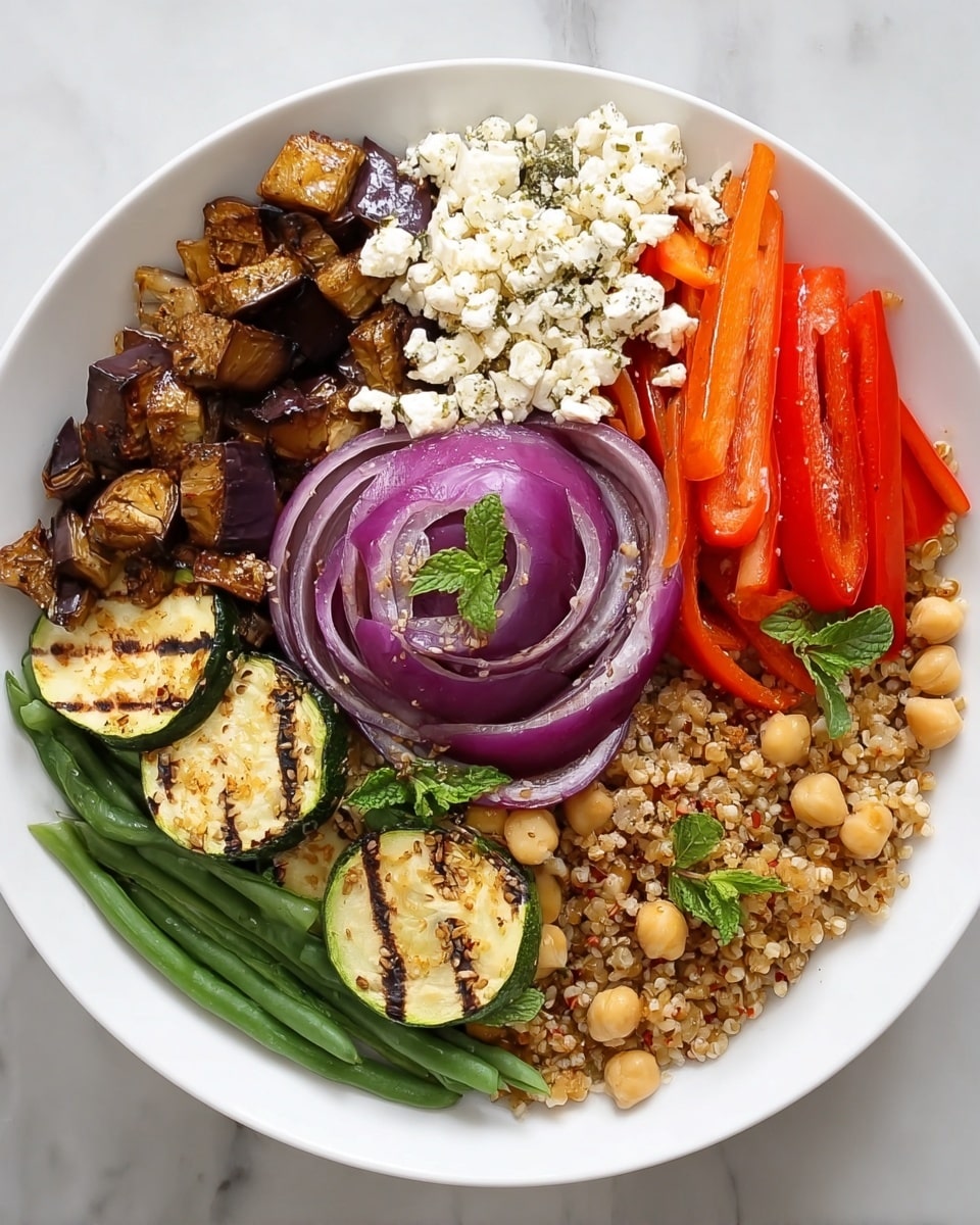 A white plate with six distinct layers arranged in a circular pattern starting with a base of light brown cooked bulgur mixed with chickpeas spread across the plate. On top of the bulgur, clockwise, there is a pile of small, diced, cooked eggplant pieces showing a mix of dark purple and light beige colors, followed by a layer of white crumbled cheese sprinkled with green herbs. Next to the cheese are thin, curled slices of purple-red onions with a glossy texture. Adjacent is a group of bright red and orange cooked bell pepper strips, garnished with small green mint leaves. Below the peppers are grilled zucchini rounds with a golden brown char on the green skin. Finally, there is a section of green beans placed neatly next to the zucchini. All layers have a fresh, slightly glossy texture and slight seasoning scattered on top. The plate rests on a white marbled surface, photo taken with an iphone --ar 4:5 --v 7