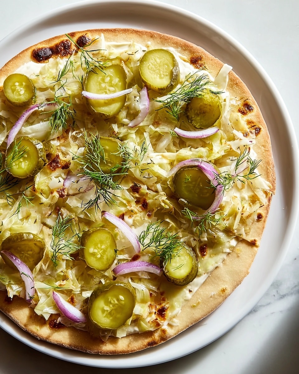 A flat thin crust pizza sits on a white plate over a white marbled surface; the pizza has one visible layer of melted cheese mixed with small pieces of cooked white cabbage covering the entire crust. On top, there are slices of green pickles, thin rings of light purple onion, and scattered sprigs of fresh green dill. The crust is light golden brown and slightly puffy at the edges. A woman's hand can be seen holding a shiny metal pizza slicer near the top left corner of the plate. photo taken with an iphone --ar 4:5 --v 7