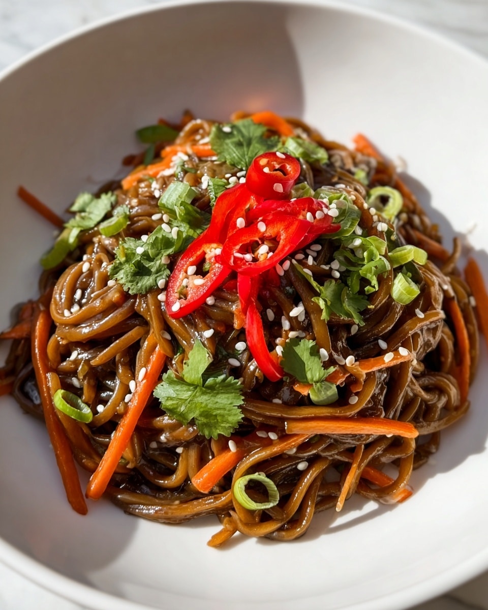 A white bowl holds a serving of noodles coated in a glossy dark brown sauce. Mixed in are thin orange carrot strips and small green onion slices, adding touches of color and texture throughout the pile of noodles. On top, there is a small pile of fresh green cilantro leaves and a few thin, bright red chili slices arranged neatly in the center. White sesame seeds are sprinkled evenly across the noodles, enhancing the visual texture. The bowl sits on a white marbled surface with sunlight casting natural shadows. photo taken with an iphone --ar 4:5 --v 7