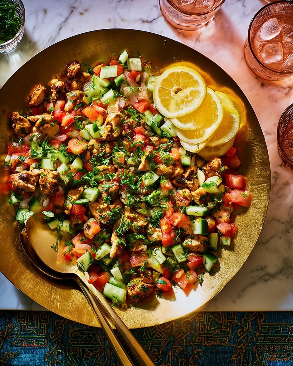 A large shallow golden bowl holds a colorful dish, starting with a base of small pieces of grilled chicken that have a browned, slightly crispy texture. On top of the chicken layer, there are diced red tomatoes and light green cucumbers scattered evenly, adding fresh color. Bright green chopped herbs and sliced green onions are sprinkled all over, giving the dish a fresh, lively look. Four lemon wedges with a pale yellow color rest on top for garnish. To the left side of the bowl, two golden serving spoons rest partly in the food. The bowl sits on a white marbled surface. In the top right corner of the image, two clear glasses with drinks and ice can be seen. photo taken with an iphone --ar 4:5 --v 7