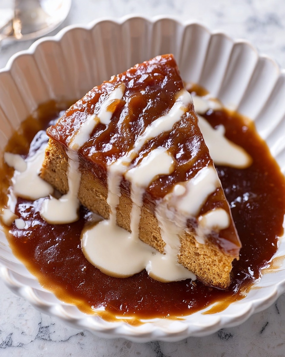 A single triangular slice of golden-brown cake sits in the center of a white scalloped bowl, topped with a thick, glossy brown sauce that spreads outward across the bottom of the bowl. A smaller amount of creamy white sauce is drizzled over the top middle of the cake, creating a nice contrast with the darker sauce beneath, and a few crumbs are scattered near the base of the slice. The white scalloped bowl rests on a white marbled surface. photo taken with an iphone --ar 4:5 --v 7