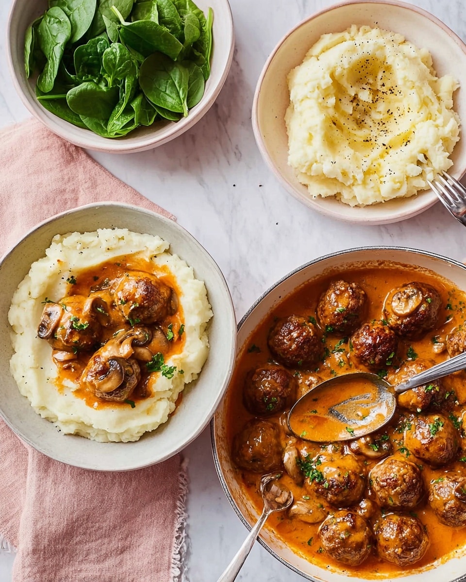 The image shows a white bowl with two brown meatballs covered in orange-brown sauce with mushroom slices on top, placed next to creamy white mashed potatoes with small black pepper specks, both on the left side. To the top right, there is another white bowl filled with mashed potatoes topped with a pat of melting butter and sprinkled with black pepper. Above that bowl, there is a bowl of fresh green spinach leaves. To the right side of the image, a white pan is filled with multiple brown meatballs in a thick orange-brown sauce with mushroom pieces and sprinkled green herbs. A large metal spoon is resting inside the pan, partially covered with sauce. The dishes are arranged on a white marbled surface with a pale pink cloth napkin underneath the bowl and pan. Photo taken with an iphone --ar 4:5 --v 7