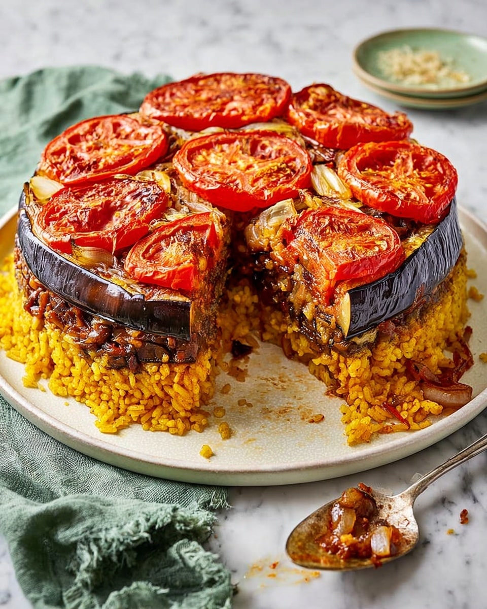 A round layered dish sits on a white plate, placed on a white marbled surface. The bottom layer is a bed of yellow rice with a slightly oily texture, spreading out around the sides of the dish. Above the rice is a thick layer of roasted eggplant slices, dark purple with a shiny, soft texture. On top of the eggplant, there is a layer of cooked onions, which are golden brown and slightly translucent. The top layer features a dense arrangement of cooked tomato slices, deep red and slightly charred, covering the entire surface. The dish has a rustic, hearty look with visible layers of vegetables and rice. Nearby, a spoon with a few grains of rice rests on the surface, and a green cloth is placed next to the plate. Photo taken with an iphone --ar 4:5 --v 7