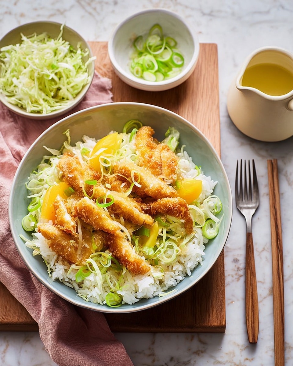 A light blue bowl holds a layered dish starting with a base of white rice, topped with shredded light green lettuce spread evenly. On top, there are several pieces of golden brown fried chicken strips arranged in a fan shape. Orange wedges with bright yellow and orange tones are scattered around the chicken, with thin slices of green onion sprinkled over everything. The bowl sits on a wooden board placed on a white marbled surface. Nearby, there is a white bowl filled with shredded light green lettuce, a white plate with sliced green onions, and a small white pitcher filled with yellow oil, along with a fork and chopsticks to the side. photo taken with an iphone --ar 4:5 --v 7