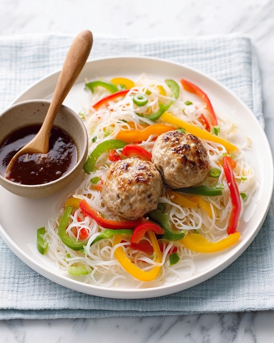A white plate on a white marbled background holds a colorful dish with three light brown, round, herb-speckled meatballs placed on a bed of white noodles. Around the noodles, there are thin slices of red and yellow bell peppers along with green leaves and small bits of red chili. To the left side of the plate, there is a small brown sauce pot filled with dark sauce, with a wooden spoon resting inside it. Photo taken with an iphone --ar 4:5 --v 7