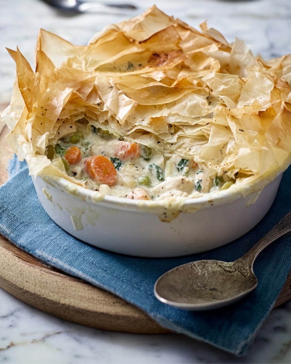 A white shallow round dish holds a baked pie with a crust made of thin, flaky golden layers of phyllo dough that is slightly torn and lifted on one side, revealing the inside. Below the crust is a creamy white filling mixed with visible pieces of orange carrots, green herbs, and chunks of light-colored chicken. The dish is placed on a round wooden board with a carved flower design, and a large silver spoon with a worn look rests beside it. The background is a white marbled surface with a soft blue cloth underneath the wooden board. photo taken with an iphone --ar 4:5 --v 7