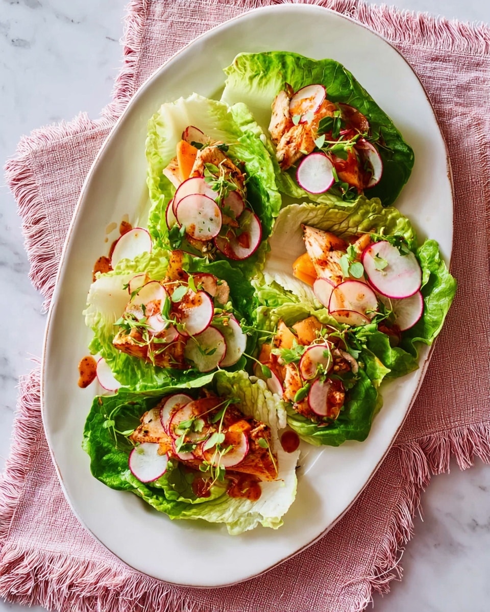 Five small lettuce wraps sit on a white oval plate with a dotted edge, placed on a white marbled surface with a beige cloth under the plate's left side. Each wrap has a base of green leafy lettuce leaves, topped with pieces of pinkish-orange cooked salmon. On top of the salmon are thin round slices of white radish with pink edges, thin white radish slices, and some chopped green herbs sprinkled lightly. A reddish sauce is drizzled over the top of each wrap, adding bright contrast. The plate looks fresh, colorful, and neat. photo taken with an iphone --ar 4:5 --v 7