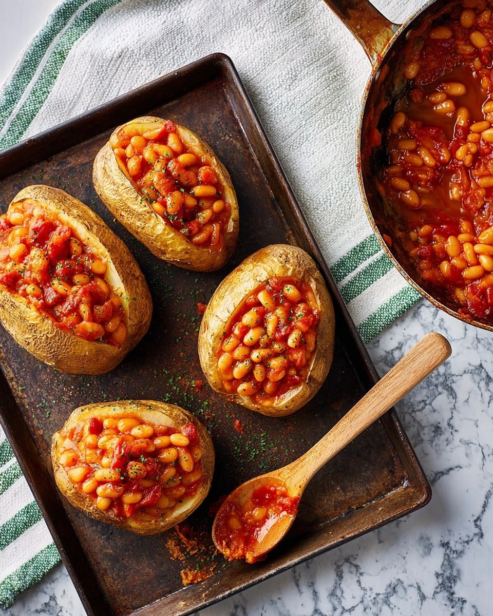 The image shows three roasted potatoes on a flat, dark metal tray, each sliced open and filled with bright orange-red baked beans that have a glossy texture and small white beans visible. The potatoes have a golden-yellow inside and a slightly brown, crispy skin. Next to the tray is a white pan filled with more baked beans, with a wooden-handled spoon resting on the tray, covered in some sauce and beans. The surface below is a white marbled texture with a green-striped cloth on the right side. photo taken with an iphone --ar 4:5 --v 7