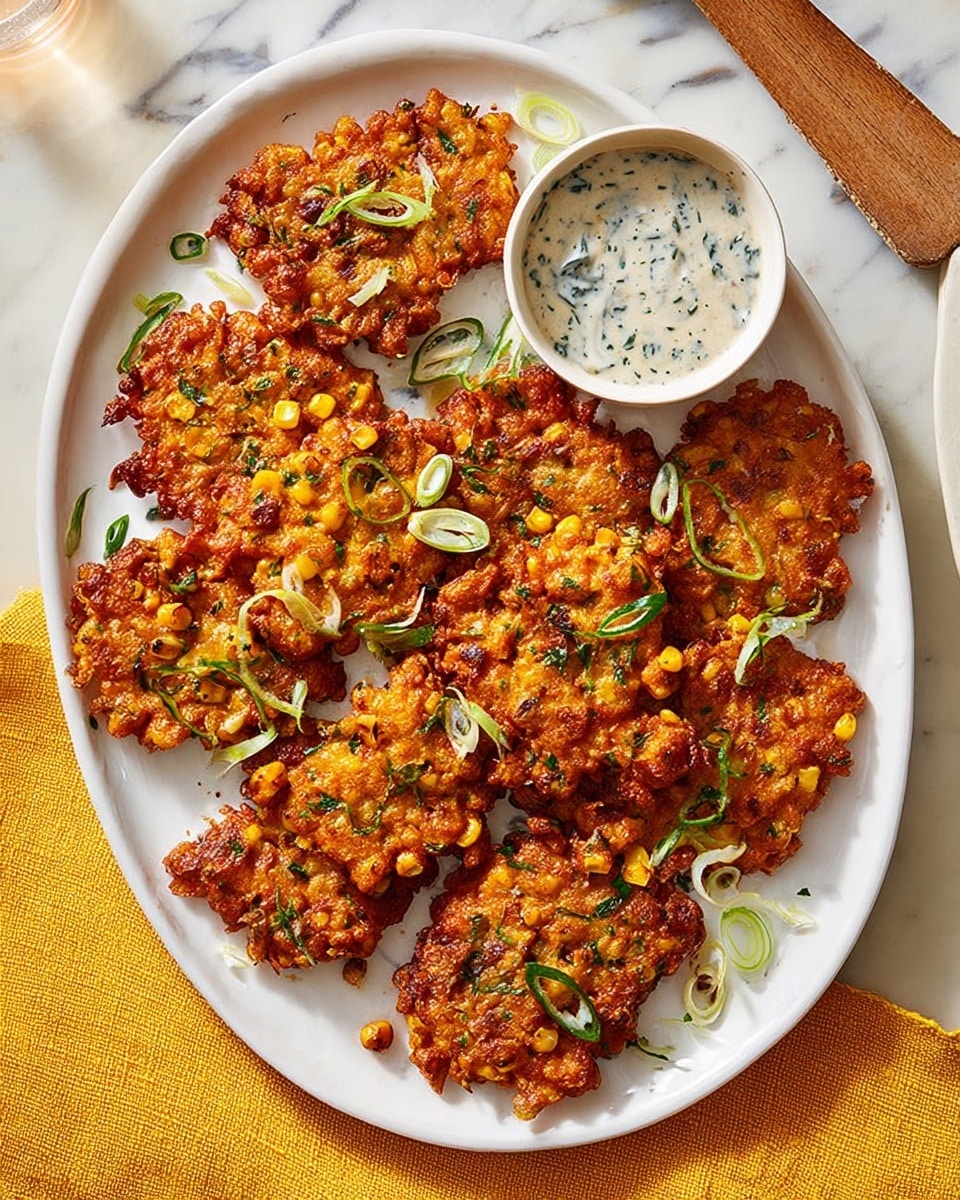 The dish shows a white oval plate filled with golden-brown corn fritters that have uneven, crispy edges and visible corn kernels and small green herbs inside them. Thin, curled green and white strips of scallions are spread across the fritters, adding a fresh touch. At the top of the plate, there is a small white bowl with a light creamy sauce mixed with tiny green herb bits. The plate sits on a white marbled surface with a yellow cloth and a wooden-handled utensil partially visible at the top right. The overall look is warm and inviting with crisp textures. photo taken with an iphone --ar 4:5 --v 7
