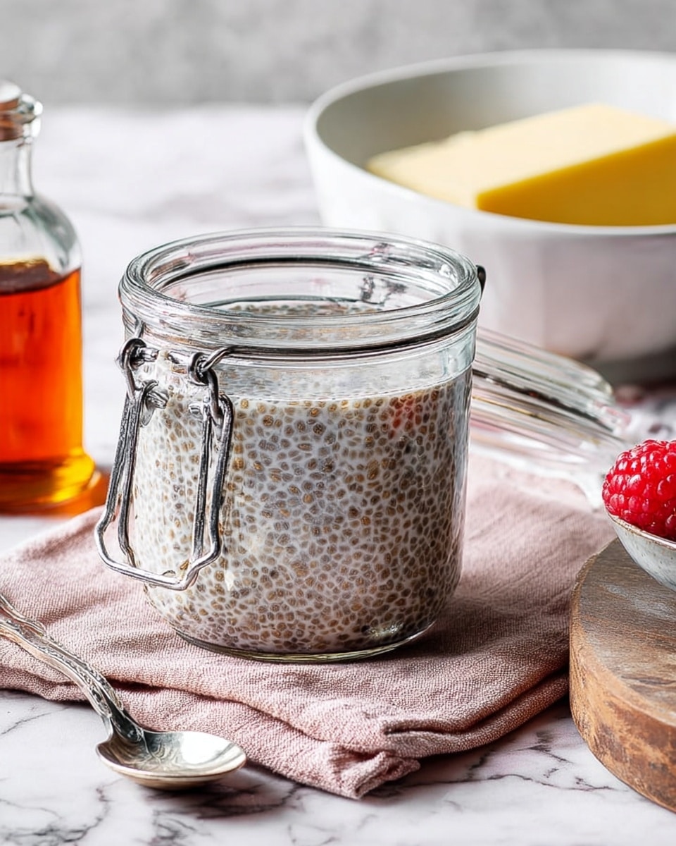 The image shows a glass jar filled with a thick layer of chia seed pudding, which is light gray with tiny dark seeds evenly spread throughout. Next to the jar, there is a clear bottle with a red liquid, and in front, a shiny metal spoon lies on a soft pink cloth. On the right side, a small wooden board holds a single red raspberry and a round white bowl with a yellow block inside. The whole scene is set on a white marbled surface. Photo taken with an iphone --ar 4:5 --v 7