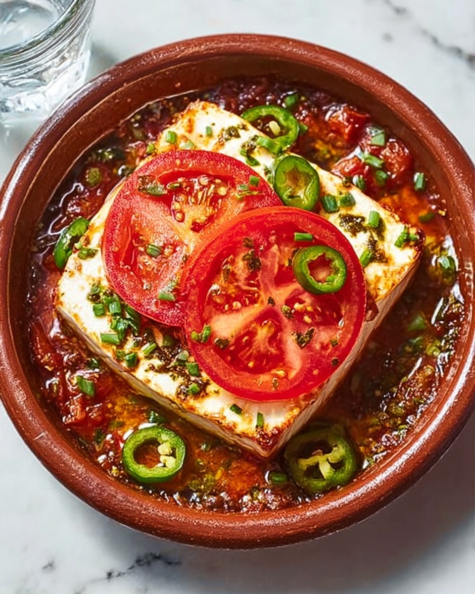 A round brown ceramic dish with a rustic texture holds a baked layered dish. The base layer is a deep red sauce with visible chunks and a glossy texture, filled with sliced green chilies spread throughout. On top lies a thick, smooth white block of cheese, slightly browned around edges. Two bright red tomato slices rest on the cheese, garnished with thinly sliced green chilies and small herbs, adding green and dark touches. The dish sits on a white marbled surface, with part of a clear glass visible near the edge. photo taken with an iphone --ar 4:5 --v 7