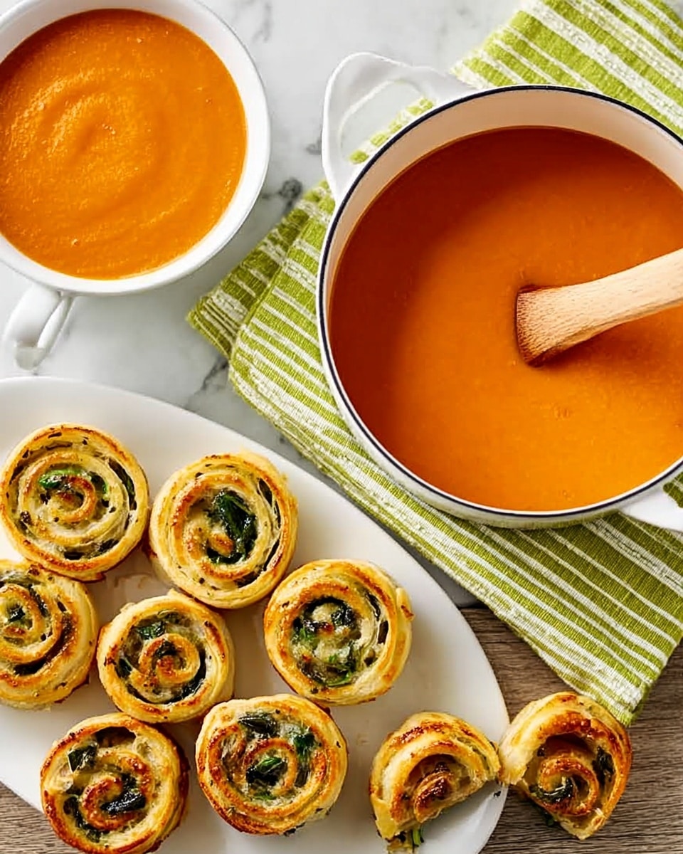 The image shows a white bowl and a white cup filled with smooth orange soup, likely tomato or roasted pepper, both placed on a white marbled surface. Next to them is a white dish holding about eight small spiral pastries with green leafy filling and some brownish baked spots on the golden-brown crust, arranged in two layers. A wooden-handled spoon rests inside a white pot filled with the same orange soup, placed on a green and yellow striped cloth. Two broken pieces of the spiral pastry lie near the dish, showing the layered pastry texture and filling inside. Photo taken with an iphone --ar 4:5 --v 7