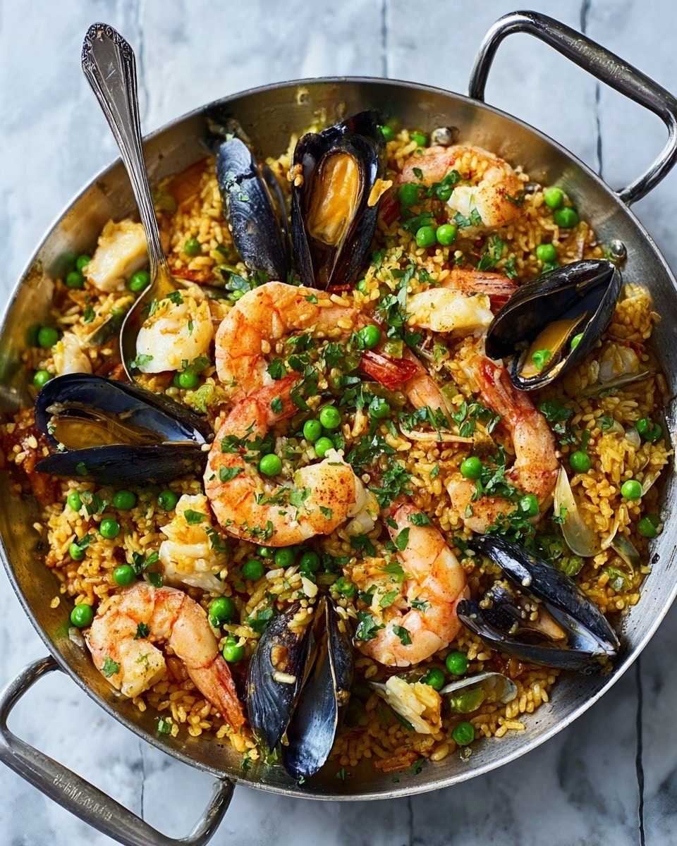 A large silver pan filled with a vibrant seafood paella, featuring three main layers: at the bottom is a layer of golden yellow rice with a soft, slightly sticky texture; scattered on top are many bright green peas adding a pop of color; the top layer is decorated with pink shrimp with tails, dark blue-black mussels partially open, and small pieces of white fish, all arranged evenly across the dish. A silver spoon rests on the left side inside the pan. The pan is placed on a white marbled surface. photo taken with an iphone --ar 4:5 --v 7