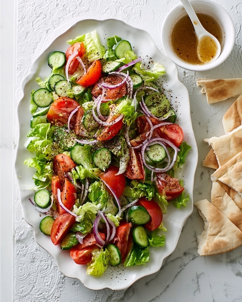 A white, scalloped-edge plate holds a fresh salad with three visible layers: the bottom layer is bright green lettuce leaves, the middle layer shows thick slices of red tomatoes and curved light green cucumber pieces, and the top layer is thin rings of purple onion sprinkled with a dark seasoning. The plate sits on a white marbled textured surface, near torn pieces of beige pita bread and a white bowl with a spoon inside, containing golden liquid. The scene is bright and clean, showing the freshness of the salad. Photo taken with an iphone --ar 4:5 --v 7