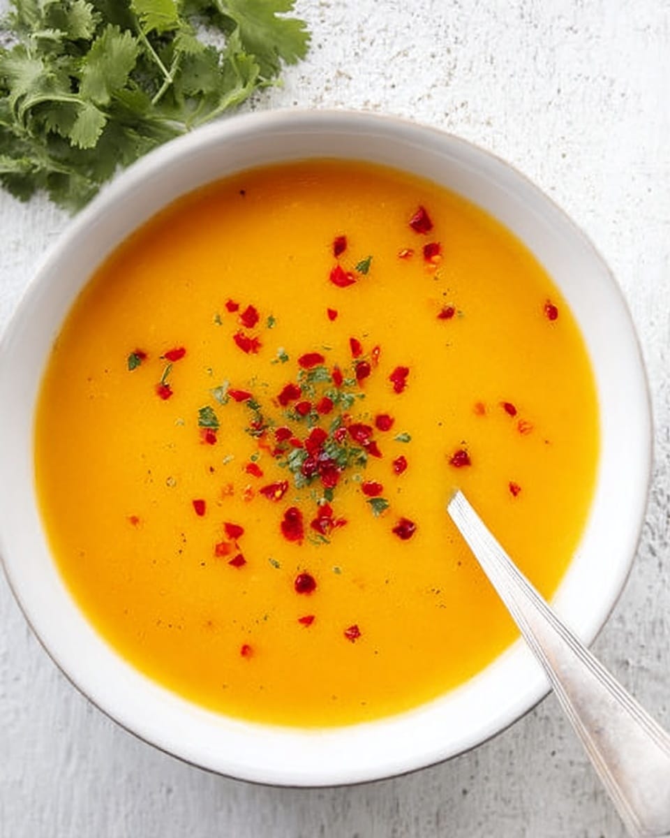 A white bowl filled with smooth, bright orange soup sits on a rustic white wooden board, with small red chili pieces sprinkled on top for color contrast. A shiny silver spoon rests inside the bowl, slightly angled to the left. There is a bunch of fresh green cilantro placed casually beside the bowl. The whole scene is set on a white marbled surface, giving a clean and fresh look. photo taken with an iphone --ar 4:5 --v 7