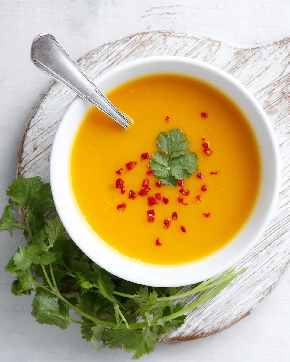 A white bowl filled with smooth, bright orange soup sits on a white marbled surface. The soup is topped with small bits of red chili scattered unevenly across the surface. A silver spoon rests inside the bowl, its handle extending out to the upper left side. A small bunch of green herbs is placed near the top edge of the bowl, adding a fresh touch. photo taken with an iphone --ar 4:5 --v 7