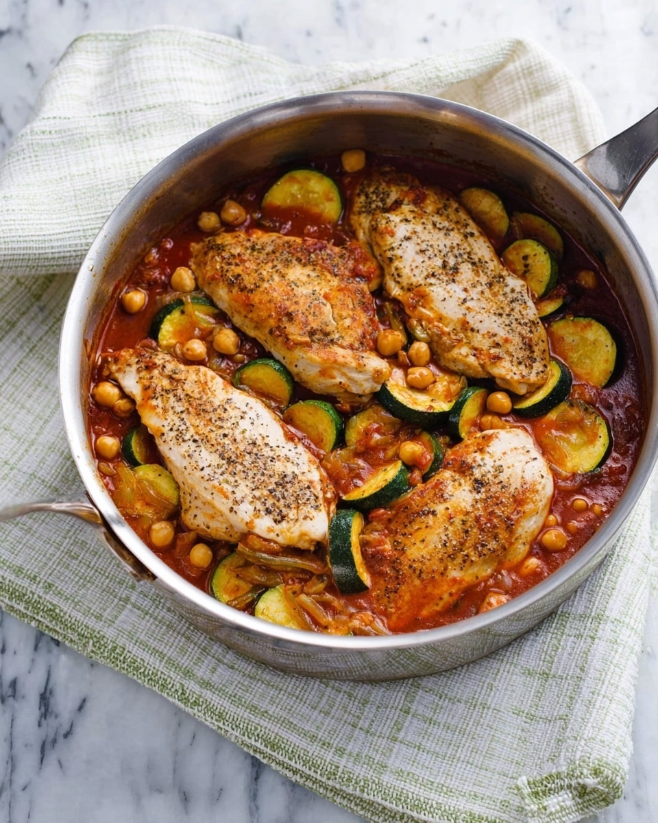 The image shows a silver metal pot filled with a dish of three cooked chicken breasts sitting on top of a reddish-brown sauce. The sauce is thick with visible sliced green zucchini, chickpeas, and caramelized onions mixed in. The chicken breasts are seasoned with black pepper and slightly browned. The pot is placed on a folded white and light green striped fabric, all set on a white marbled surface. Photo taken with an iphone --ar 4:5 --v 7