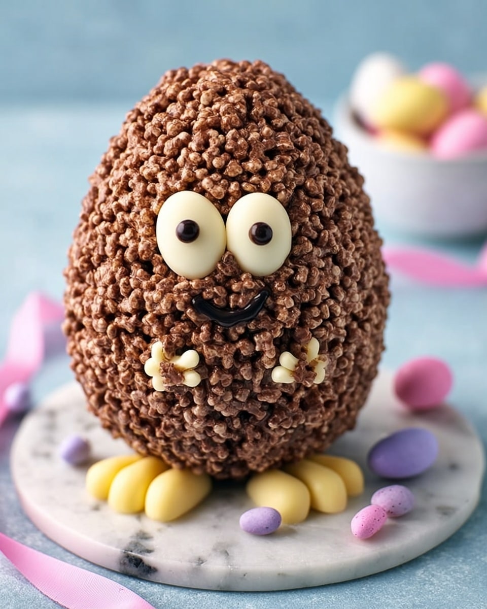 The image shows a chocolate Easter egg made with crispy puffed rice, shaped like a chick. The egg is dark brown with a crunchy texture. It has two white candy eyes with small brown dots in the center placed near the top front. A simple white icing smile is drawn below the eyes. On each side, white icing outlines wings. The egg sits upright on a group of yellow candy feet that have a soft, smooth texture. Around the egg lie small pastel-colored egg candies in white, pink, and purple. The background has a soft blue tone, and a white bowl with pastel eggs is slightly blurred in the back. The whole scene is set on a white marbled surface with a sheer pink ribbon flowing gently near the bottom. Photo taken with an iphone --ar 4:5 --v 7
