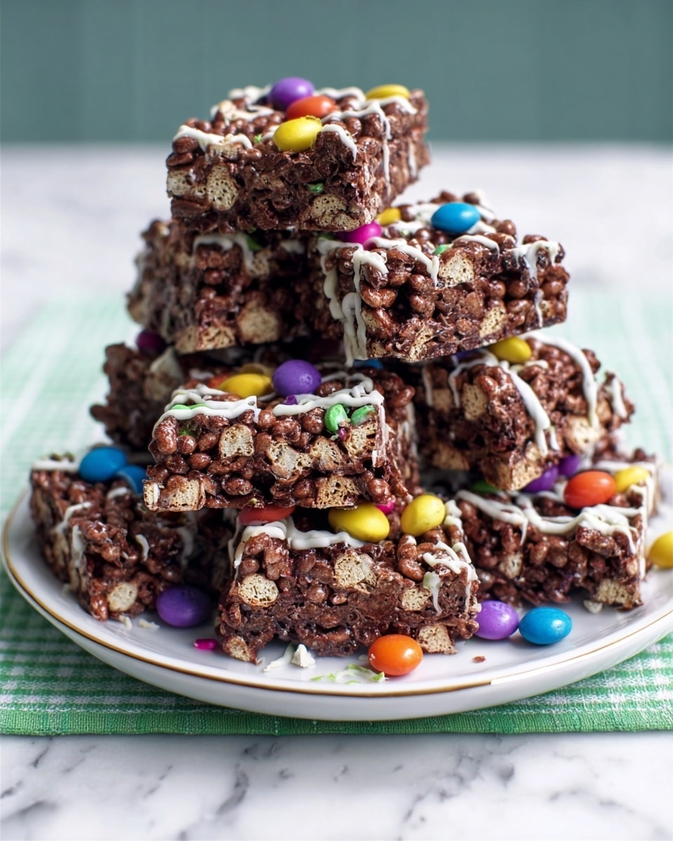 A pile of small square chocolate treats stacked on a white plate with a gold rim, each treat made of three visible layers: a thick, crunchy dark brown chocolate layer mixed with cereal or nuts forming the main body, a drizzle of white icing on top of some pieces creating thin, wavy lines, and colorful round candy-coated chocolates in bright colors like red, purple, yellow, green, blue, and orange scattered on top and around the treats. The plate sits on a white marbled surface with some light green stripes in the background. Photo taken with an iphone --ar 4:5 --v 7