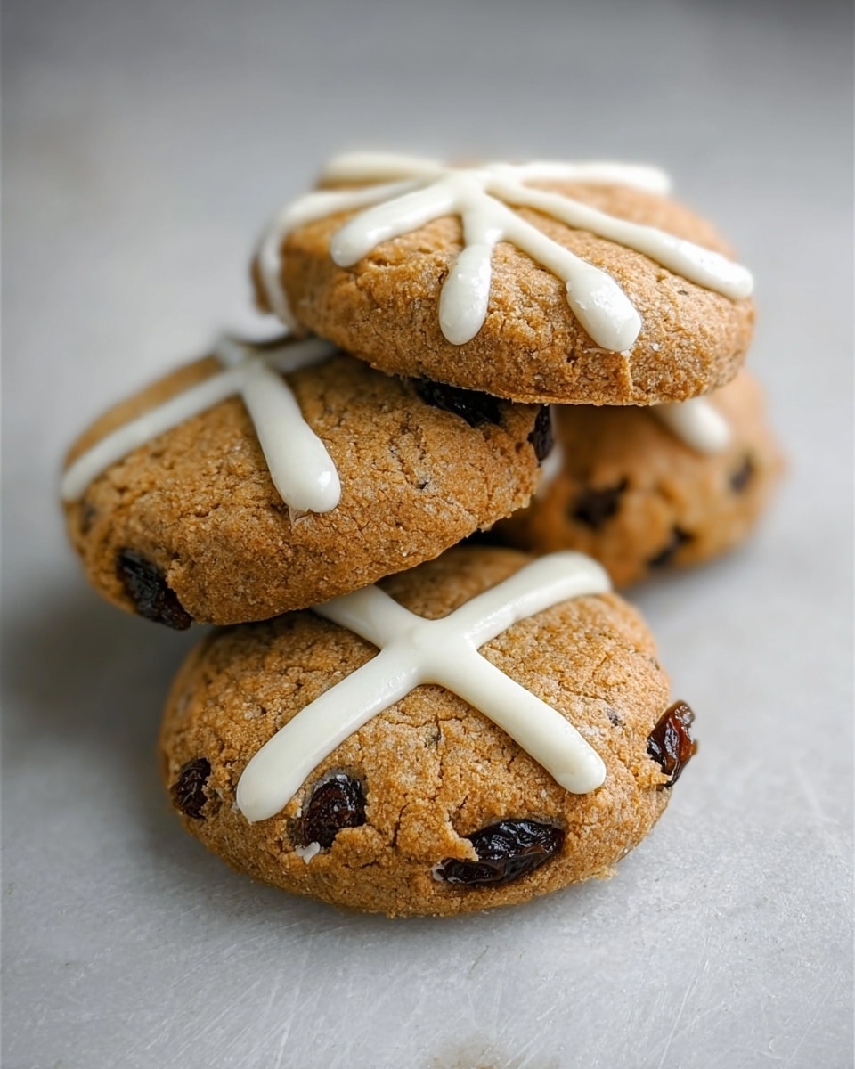 Three cookies stacked slightly on top of each other on a white marbled surface. Each cookie is light brown with a soft, slightly crumbly texture visible and dotted with dark raisins. On top of each cookie, there is a white icing cross with two thick lines crossing at the center, giving them a distinct pattern. The cookies are round and look freshly baked with a slight golden edge. Photo taken with an iphone --ar 4:5 --v 7
