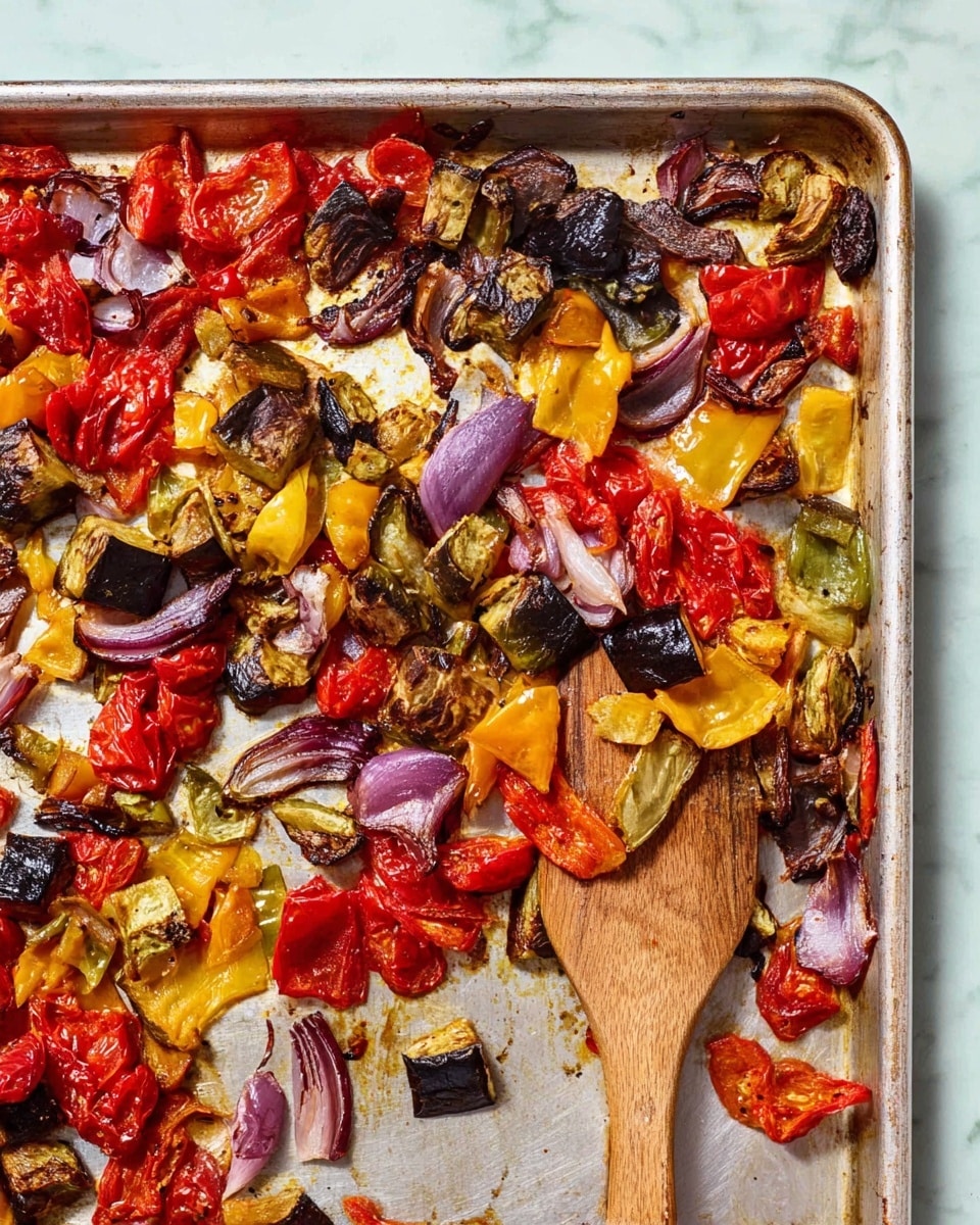 This image shows a silver baking tray with roasted vegetables scattered mostly around the edges, leaving the center mostly empty. The vegetables include chunks of red and yellow bell peppers, slices of purple eggplants, zucchini pieces, and bits of tomato, all cooked until soft and slightly charred, showing a mix of bright reds, yellows, greens, and deep purples with a shiny, caramelized texture. A wooden spatula is at the bottom right corner, touching some of the vegetables. The background surface is a white marbled texture. Photo taken with an iphone --ar 4:5 --v 7