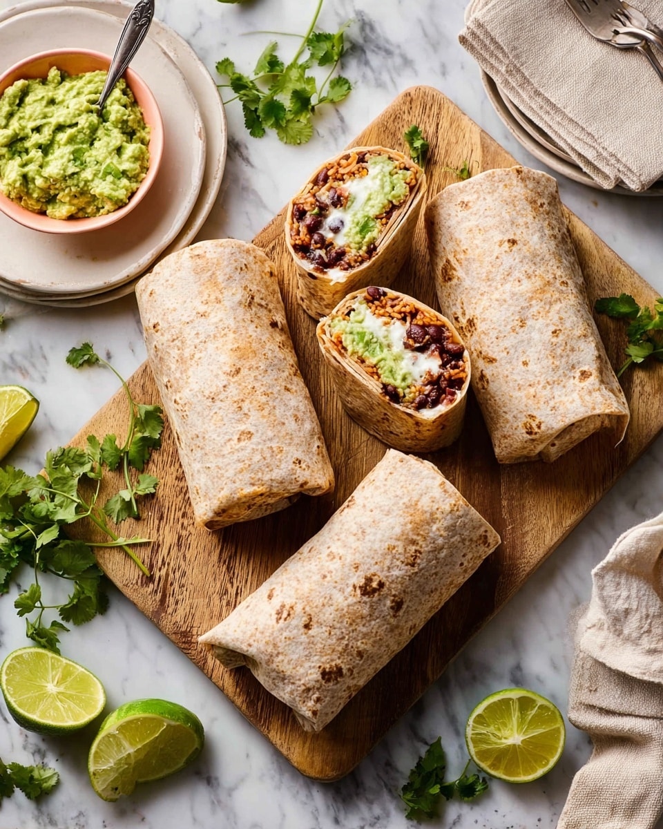 The image shows five whole wheat wraps, three of them cut in half revealing their fillings. Each wrap has a dark brown textured outer layer, inside showing layers of green guacamole, white sour cream, dark brown beans or meat, and some lighter grains or rice. The wraps are placed on a light wooden board on a white marbled surface, surrounded by fresh lime wedges and cilantro leaves. A small white bowl of green guacamole with a spoon is in the upper left corner, and a stack of white plates with a beige cloth napkin is on the upper right side. The whole scene looks fresh and colorful, perfect for a tasty meal. Photo taken with an iphone --ar 4:5 --v 7