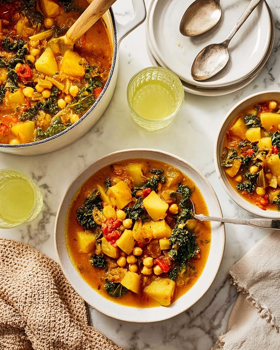 The image shows a hearty vegetable stew served in a deep white bowl filled with chunky pieces of golden potatoes, chickpeas, vibrant green kale, and bright red tomato bits in a thick orange broth. The bowl is placed on a soft beige fabric, next to a grayish plate holding two silver spoons. Nearby, a white pot filled with the same stew has a spoon resting inside it, revealing the same mix of vegetables and broth. Two small yellowish glasses filled with a light drink are placed at the top left, all set on a white marbled surface. A textured white cloth is folded and placed casually to the right. Photo taken with an iphone --ar 4:5 --v 7