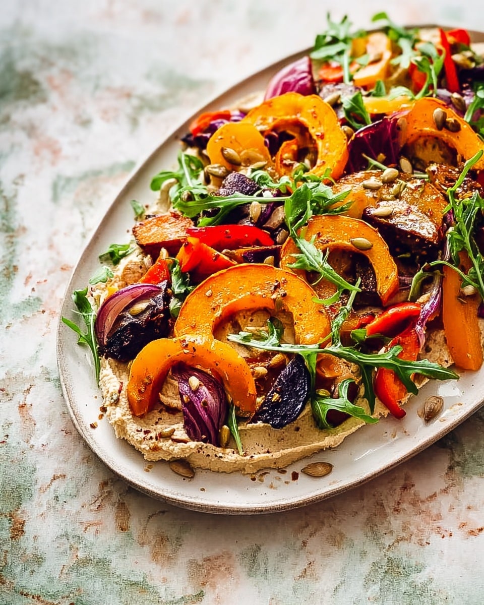 A white oval plate holds a colorful layered dish starting with a thick, creamy beige spread as the base covering the plate bottom. On top, there are roasted vegetables including orange pumpkin slices, bright red bell peppers, small carrots, and purple onion pieces, all mixed evenly. Fresh green arugula leaves are scattered over the vegetables, adding a lively touch. The plate sits on a white marbled surface, creating a clean and bright background. photo taken with an iphone --ar 4:5 --v 7