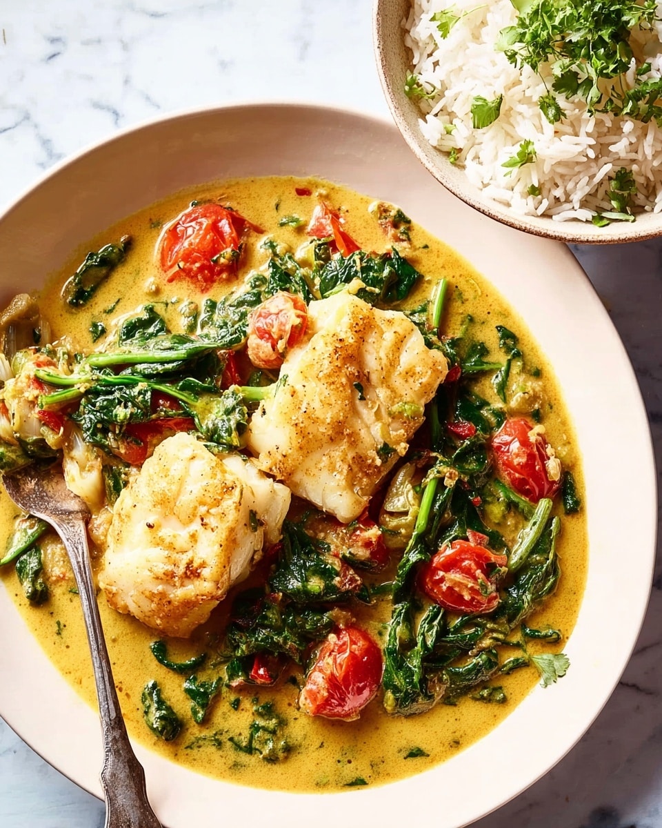 A white plate holds a creamy golden-yellow sauce with green leafy vegetables and bright red cherry tomatoes mixed in. On top, there are two off-white pieces of cooked fish with a slightly crispy texture. A silver fork rests on the left side of the plate, partially in the sauce. To the upper right, there is a white bowl filled with cooked white rice topped with fresh green herbs. The scene is set on a white marbled surface. photo taken with an iphone --ar 4:5 --v 7