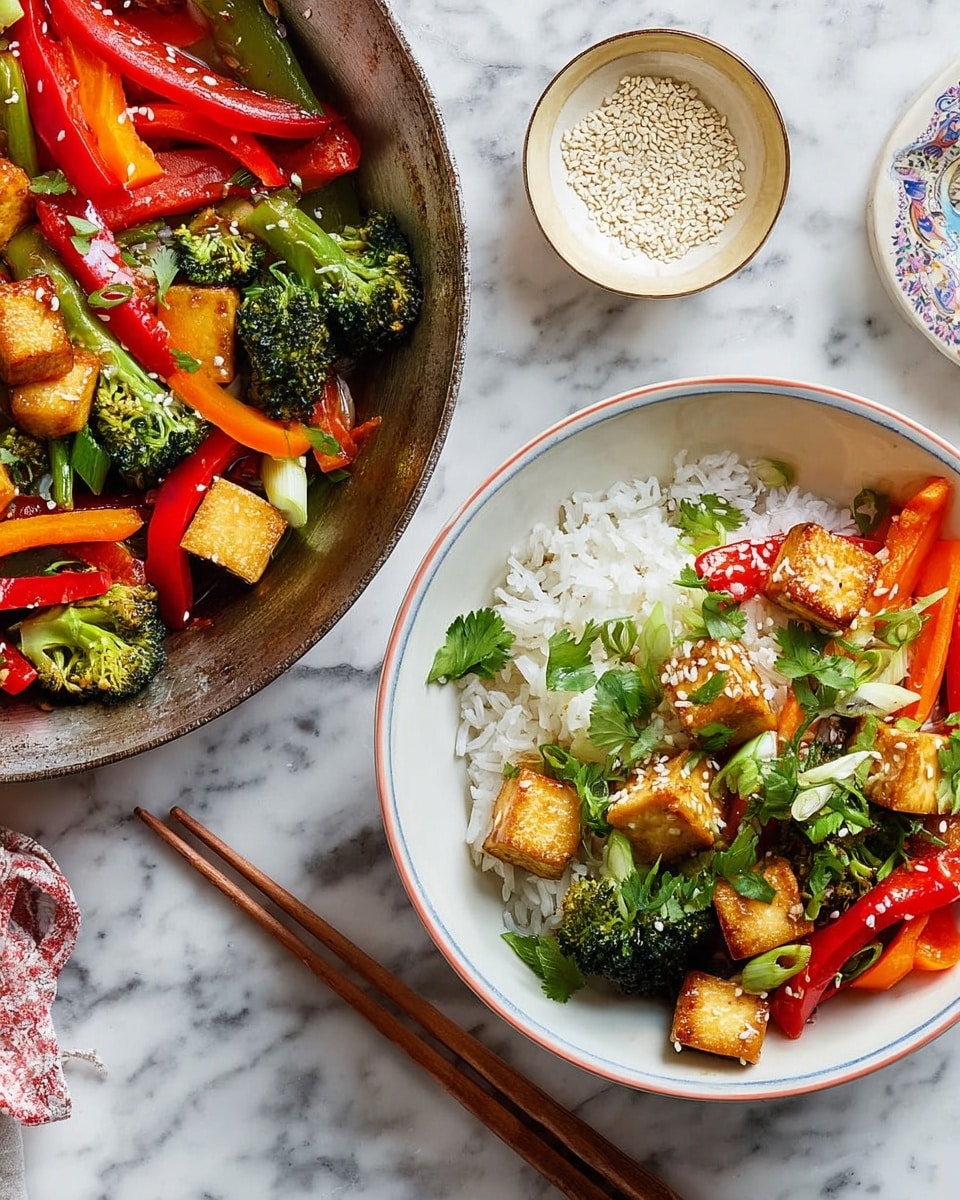 The image shows a white bowl filled with a colorful dish on a white marbled surface. The bottom layer is white rice, topped with bright green broccoli florets, orange carrot sticks, and red bell pepper strips. Scattered on top are cut green onions and fresh green herbs. Small cubes of golden-brown tofu are mixed in, and the dish is sprinkled with white sesame seeds. Next to the bowl, there is a pair of white chopsticks lying on the surface. To the left, a dark pan contains more tofu cubes, broccoli, carrot, and red bell pepper pieces. A small white bowl filled with sesame seeds is placed near the bottom edge, and a glass of light yellow drink is at the upper right corner. There is a pink and white checkered cloth above the pan. photo taken with an iphone --ar 4:5 --v 7
