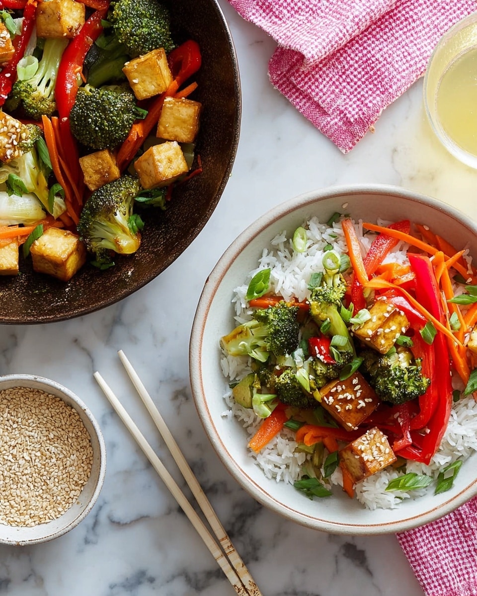 The image shows a white bowl filled with layers of cooked white rice on the bottom and topped with bright, colorful vegetables including red bell pepper strips, green broccoli florets, and orange carrot sticks. Pieces of golden-brown tofu are scattered throughout the topping, along with chopped green onions and fresh cilantro leaves. White sesame seeds are sprinkled on top for added texture. The bowl is placed on a white marbled surface with a pair of chopsticks beside it. Next to the bowl is a metal pan containing a similar mix of tofu and vegetables. A small dish of white sesame seeds is also visible nearby. Photo taken with an iphone --ar 4:5 --v 7