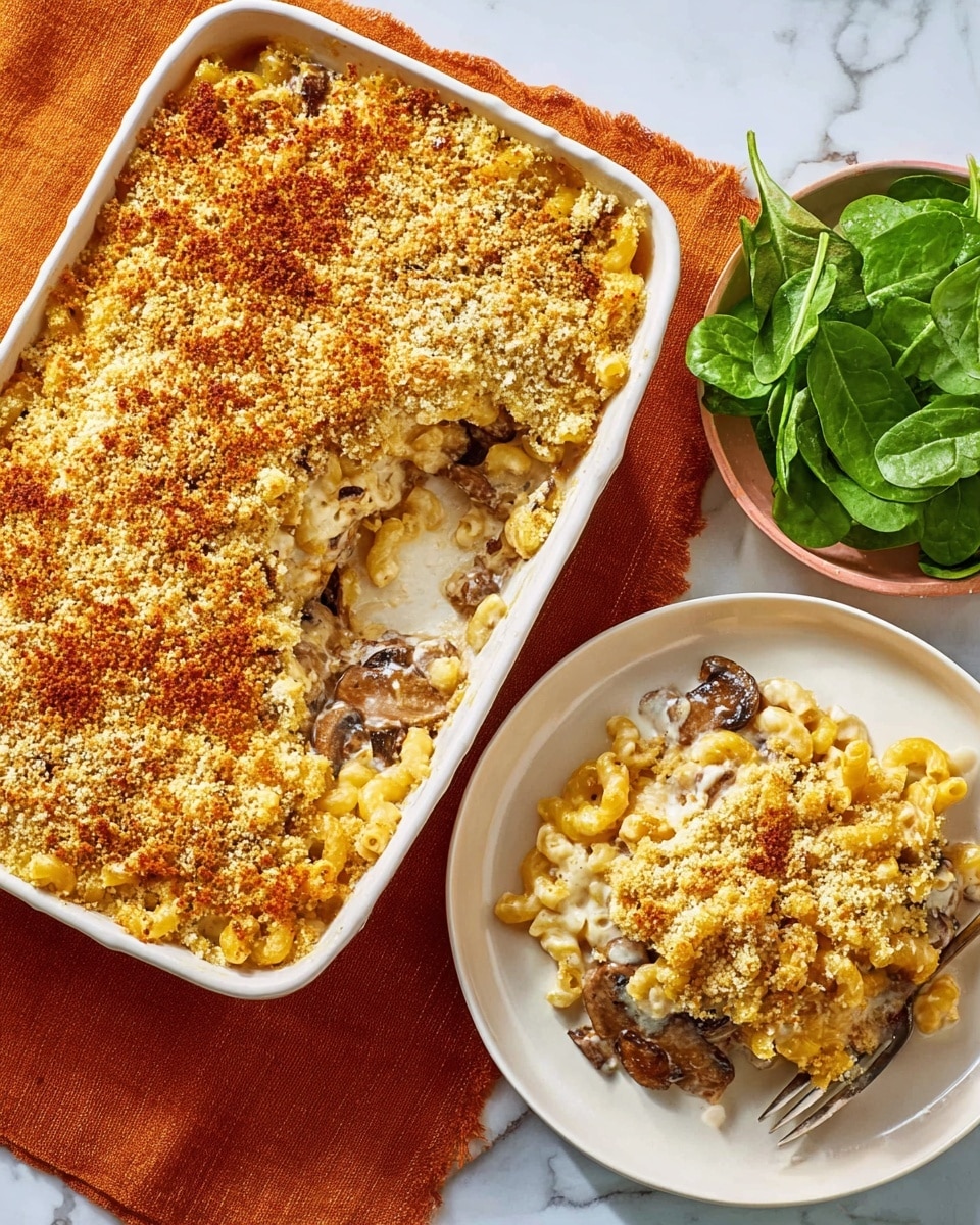 A white rectangular baking dish filled with macaroni and cheese mixed with pieces of browned mushrooms at the bottom, topped with a thick, uneven golden breadcrumb crust that covers the entire surface except for a portion scooped out from the corner, revealing the creamy pasta underneath. Next to it, a white plate with a single serving of the casserole showing multiple layers: light brown creamy macaroni with mushroom bits on the bottom, and a thick crunchy breadcrumb layer in pale yellow and golden tones on top, accompanied by fresh green spinach leaves on the side. Both dishes are placed on a white marbled surface with a burnt orange cloth partially under the baking dish. Photo taken with an iphone --ar 4:5 --v 7
