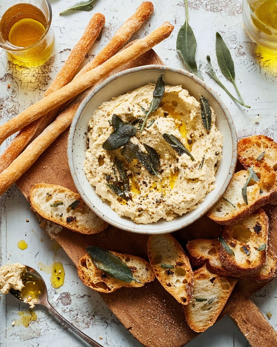 A white bowl filled with a creamy beige spread topped with dark green crispy sage leaves and a sprinkle of black pepper sits centered on a wooden board. Surrounding the bowl are golden brown toasted slices of bread with olive bits, some pieces topped with the spread and a sage leaf. Long, thin breadsticks lie on the left side of the board, and thin bread slices rest on the right. A small glass with a clear drink and a glass bottle of golden olive oil sit near the top corners. A spoon with some spread and olive oil is placed near the bottom, on a white marbled texture surface. photo taken with an iphone --ar 4:5 --v 7