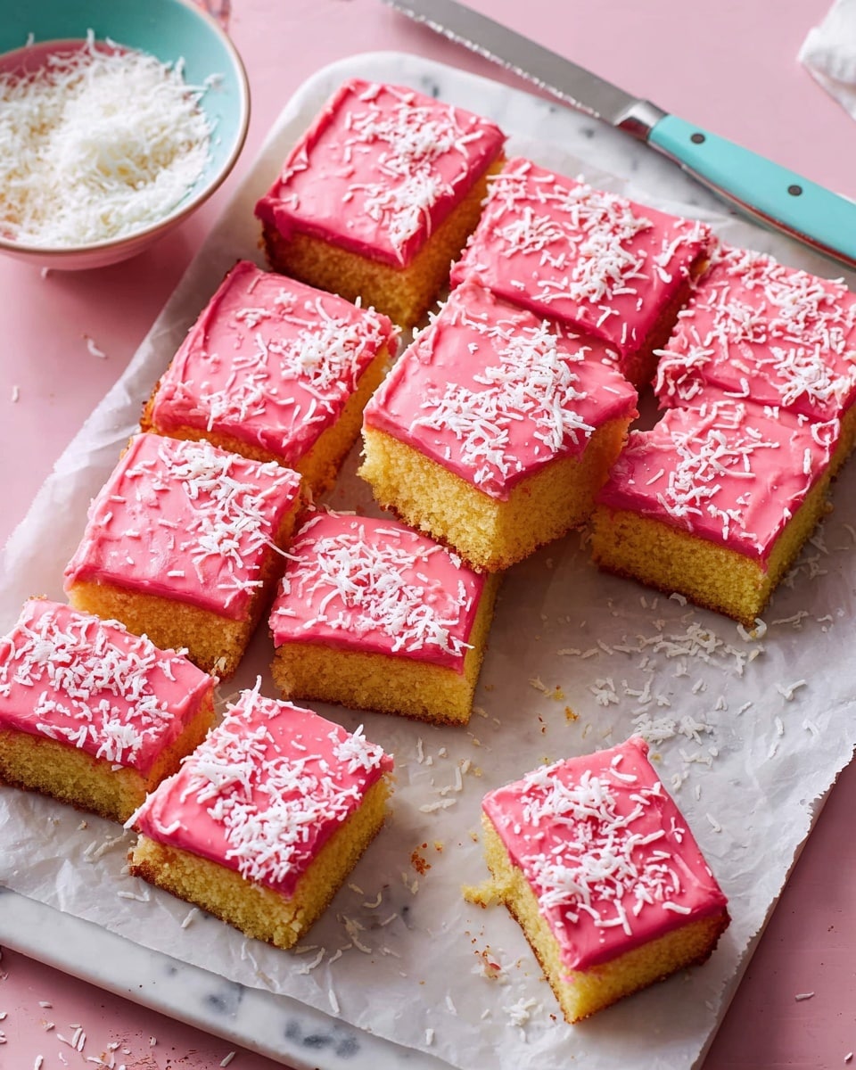 A tray of rectangular sponge cake squares cut into 15 pieces sits on white parchment paper on a white marbled surface. Each cake piece has a bright pink frosting layer on top, smooth but slightly uneven, and is sprinkled generously with shredded white coconut flakes. One piece is tilted to show the inside, revealing a soft, light yellow sponge layer under the pink frosting. Next to the tray is a white bowl filled with shredded coconut and a knife with a light blue handle resting on the surface. photo taken with an iphone --ar 4:5 --v 7