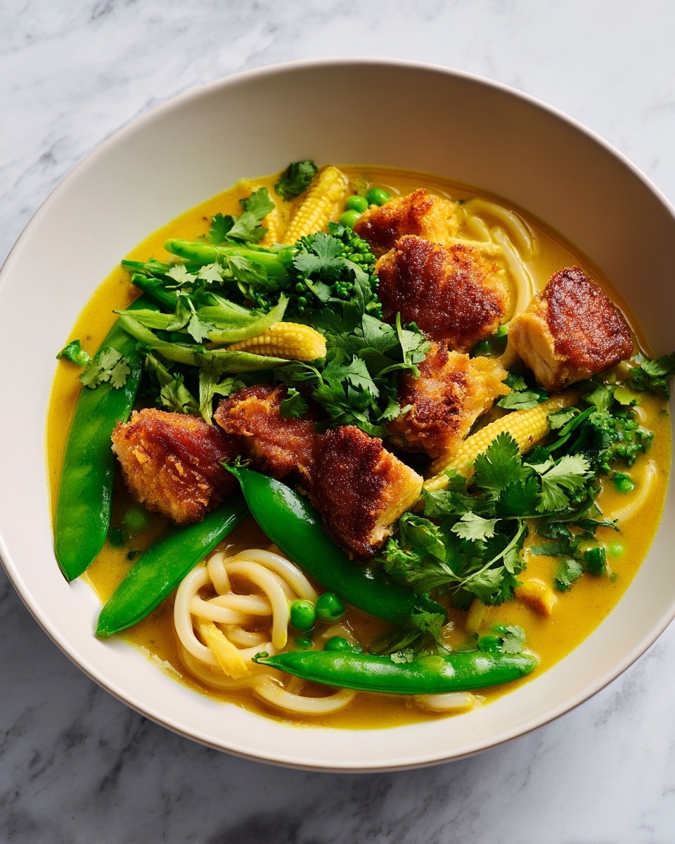 In a wide white bowl on a white marbled surface, there is a dish with several layers starting with thick, yellow noodles that are softly curled at the bottom, partially covered by a light yellow creamy sauce. On top, bright green snap peas and small broccoli florets add a fresh color contrast, along with pale yellow tender baby corn ears. Five pieces of golden brown fried fish chunks are placed on the vegetables, sprinkled with vibrant green fresh cilantro leaves that add a touch of texture and color on top. The overall look is warm and inviting with a mix of smooth, crisp, and crispy textures. Photo taken with an iphone --ar 4:5 --v 7