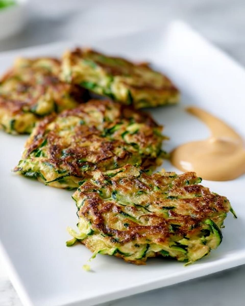 The image shows four golden-brown zucchini fritters with green flecks of zucchini and herbs visible throughout each one. They have a crispy, slightly uneven texture on the outside, stacked loosely on a clean white plate. To the right of the fritters, there is a small dollop of light brown dipping sauce. The plate sits on a white marbled surface, giving the scene a fresh and simple look. Photo taken with an iphone --ar 4:5 --v 7