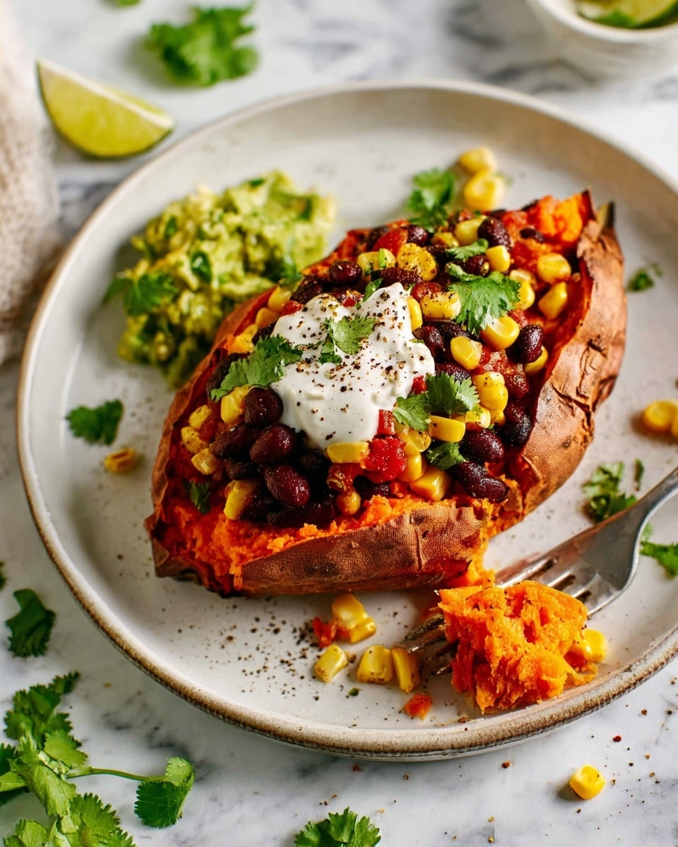 A baked sweet potato cut open on a white plate, filled with bright orange soft sweet potato flesh. On top, there is a layer of white sour cream with black pepper sprinkled on it, followed by a colorful mix of black beans, golden yellow corn, and red salsa adding a chunky texture. A small dollop of green guacamole with fresh cilantro leaves sits on the very top, adding a fresh look. Around the plate, scattered pieces of corn, beans, salsa, and a slice of lime on the side give a natural feel. A fork with a bit of corn and cilantro rests on the plate. The plate is placed on a white marbled texture surface. photo taken with an iphone --ar 4:5 --v 7