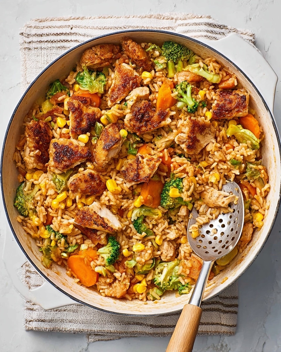 A white pan filled with a cooked dish showing a mix of several layers: at the base is a layer of light brown rice mixed with small pieces of yellow corn, chopped pale yellow onions, and small broccoli florets, giving pops of green. On top are browned, grilled pieces of chicken evenly spread around the pan, with some orange carrot slices adding more color and texture. A metal slotted spoon with a white and speckled handle rests inside the pan on the right side. The pan sits on a white marbled surface with a white cloth underneath the left side of the pan. photo taken with an iphone --ar 4:5 --v 7