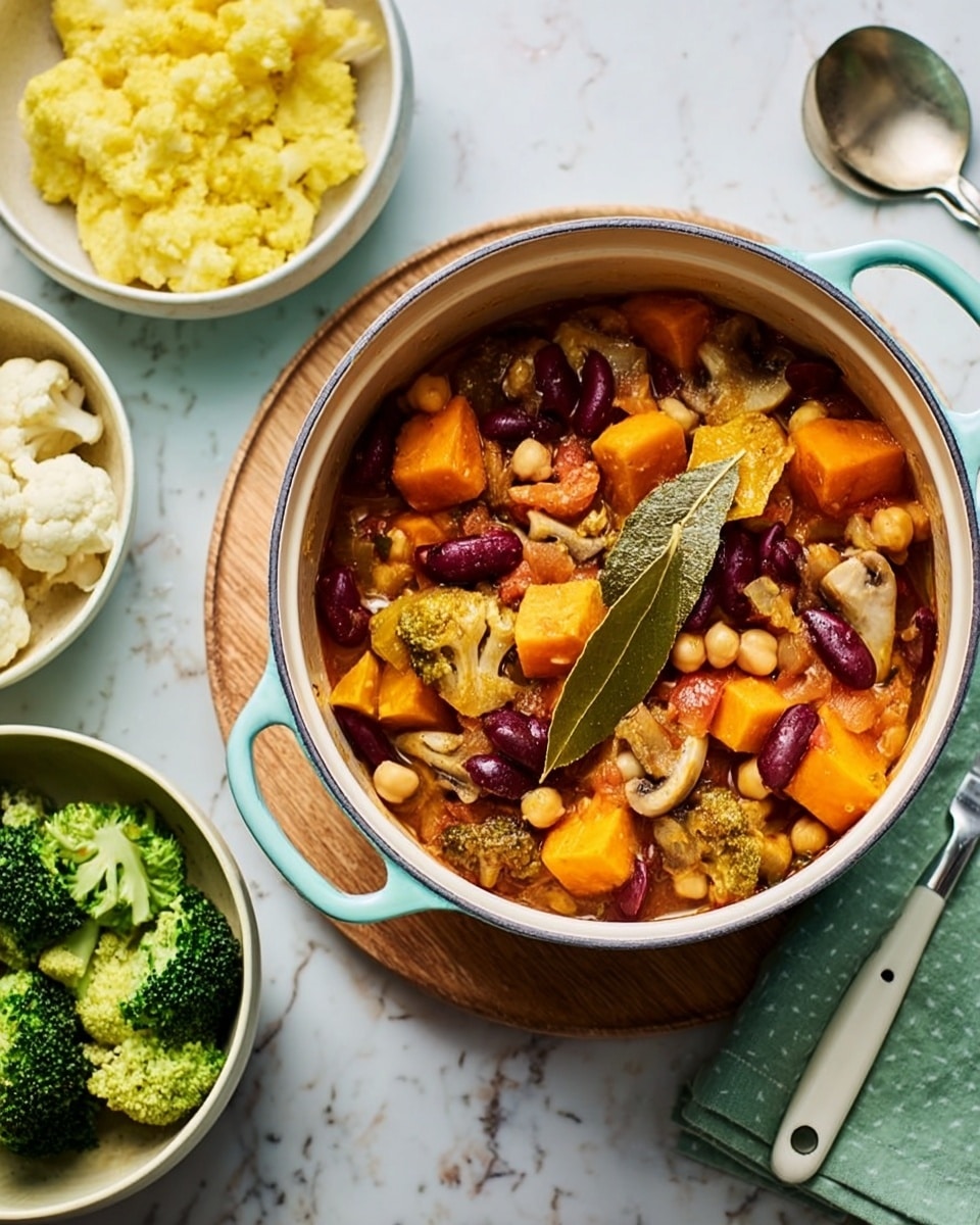 A white pot with turquoise handles sits on top of a round wooden board, filled with a colorful stew containing chunks of orange squash, slices of brown mushrooms, white beans, red beans, and bay leaves, all mixed in a rich reddish-brown broth. To the left, there is a white bowl filled with creamy, yellow mashed potatoes with a silver spoon resting inside. Behind that, another white bowl contains bright green steamed broccoli florets. To the right of the pot, a large silver spoon rests on a folded green cloth napkin, all set against a white marbled surface. photo taken with an iphone --ar 4:5 --v 7