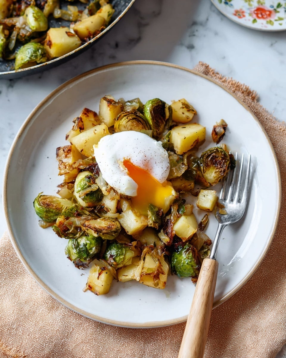 A white plate holds a cooked mix of halved Brussels sprouts and golden roasted potato chunks, with small bits of browned onion scattered throughout. On top is a single poached egg with runny yolk peeking out, sprinkled lightly with black pepper. A silver fork with a light wooden handle rests on the right side of the plate. The plate sits on a white marbled surface with a beige cloth partially underneath. In the blurred background, a pan with more of the cooked mix is visible on a white marbled surface. photo taken with an iphone --ar 4:5 --v 7