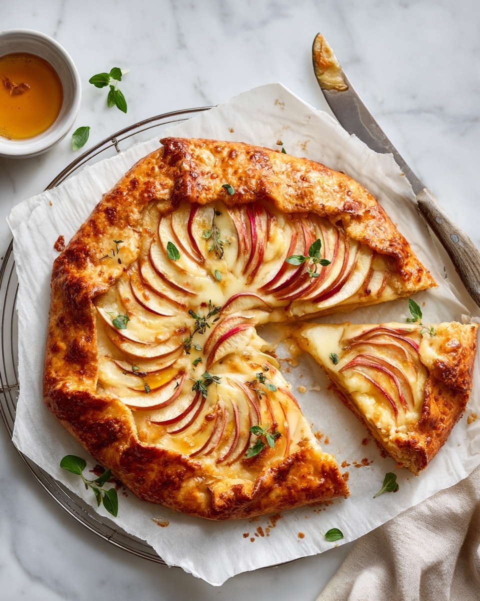 The image shows a round galette on white parchment, placed on a round wire cooling rack over a white marbled surface. The galette has a golden-brown crust with melted cheese and a slightly thick, flaky texture folded over the edges. Inside, thinly sliced apple pieces with red skin are arranged in overlapping, circular layers creating a swirl pattern from the center to the crust. Small green herb leaves are sprinkled on top for garnish. A single slice has been cut and slightly pulled away, exposing the layers and the crust's thickness. A knife lies beside the galette, with a small bowl of honey nearby. Photo taken with an iphone --ar 4:5 --v 7
