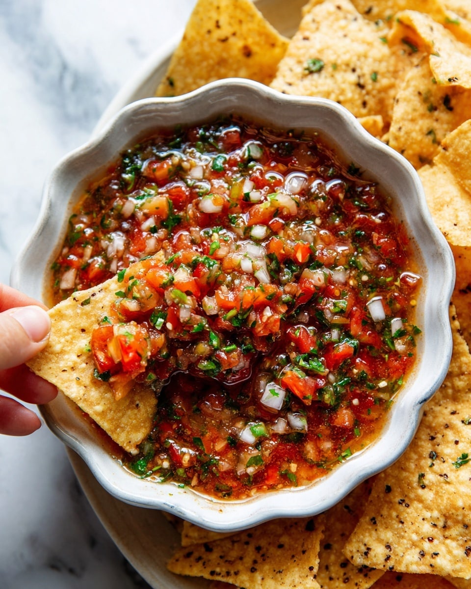 A white bowl with a scalloped edge is filled with chunky salsa made of finely chopped red tomatoes, green herbs, and small pieces of onion, showing a mix of red, green, and white colors blended together. The bowl is placed on a white marbled surface and surrounded by golden, crispy tortilla chips, some lying flat and others slightly curved. A woman's hand is holding a single tortilla chip dipped into the salsa, lifting it from the bowl. The overall image is bright and fresh with a casual, appetizing feel. Photo taken with an iphone --ar 4:5 --v 7