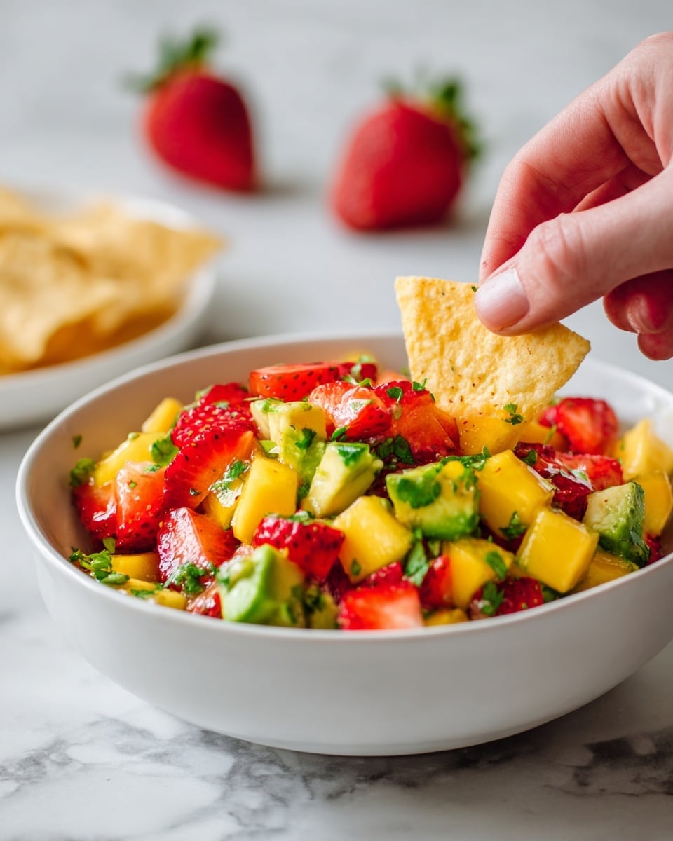 A close-up of a white bowl filled with a colorful fruit salsa made of diced yellow mango, red strawberries, green avocado, red onion, and chopped cilantro mixed evenly, showing a variety of vibrant colors and textures. A woman's hand is holding a beige chip dipping into the salsa, with the bowl sitting on a white marbled surface, bright and fresh in appearance. Photo taken with an iphone --ar 4:5 --v 7