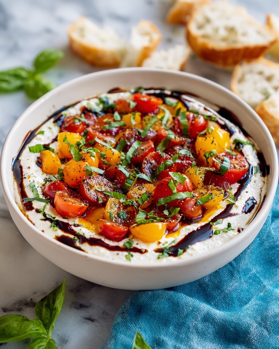 A round bowl filled with a creamy white base spread evenly in one thick layer, topped with a colorful mix of chopped tomatoes in red, yellow, and orange, scattered finely with torn green basil leaves. The tomato pieces look juicy with some light green and dark red spots, and everything is drizzled with a dark balsamic glaze in a thin swirl pattern. Around the bowl, there are torn pieces of toasted bread and fresh basil leaves scattered on a white marbled surface with a dark blue cloth partially under the bowl. photo taken with an iphone --ar 4:5 --v 7