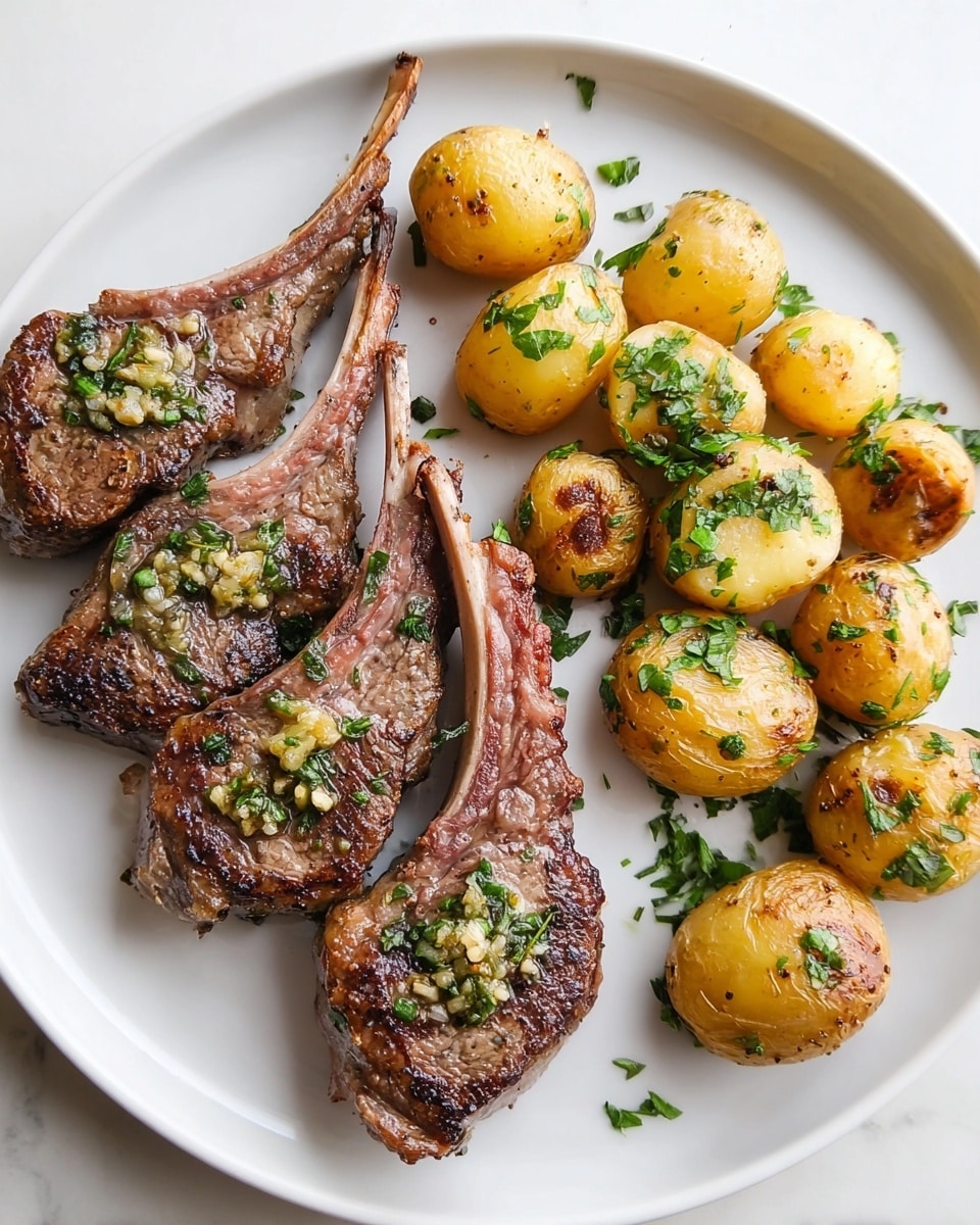 On a white plate, there are four grilled lamb chops arranged in a row on the left side, each chop showing dark grill marks and some green herb sauce with small bits of garlic on top. On the right side, there are about ten small golden roasted potatoes, some whole and some cut in half, with a light brown crispy texture and sprinkled with chopped green parsley. The background is a white marbled texture. photo taken with an iphone --ar 4:5 --v 7