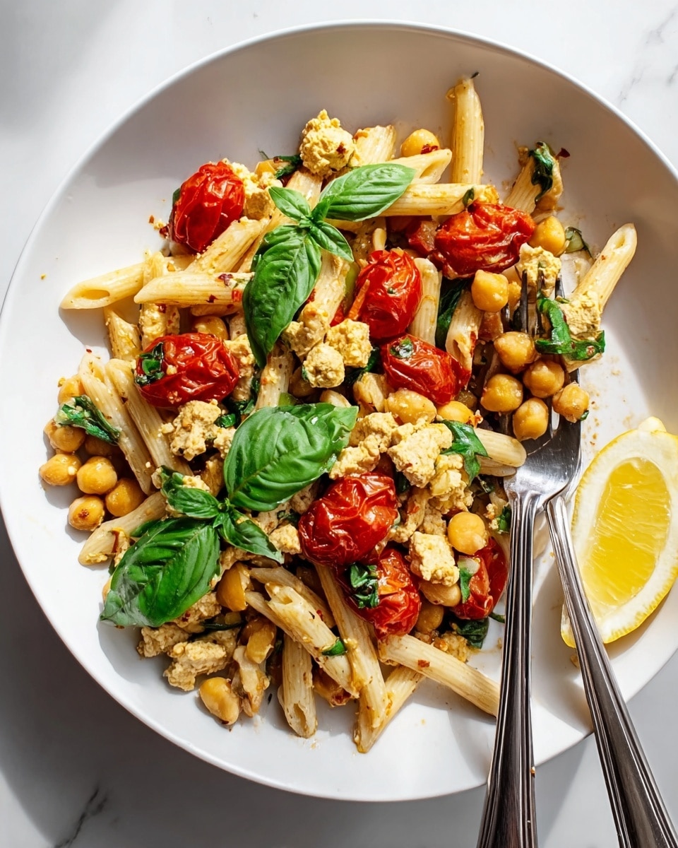 A white bowl filled with a pasta dish showing three main layers: the base layer of light yellow penne pasta, the middle layer of light brown scrambled tofu mixed with chickpeas and wilted green spinach leaves, and the top layer featuring bright red roasted cherry tomatoes and two fresh green basil leaves placed in the center. A bright yellow lemon wedge is positioned on the right edge of the bowl. Two silver forks rest on the bottom right side of the bowl. The bowl sits on a white marbled surface with soft natural light casting shadows. Photo taken with an iphone --ar 4:5 --v 7