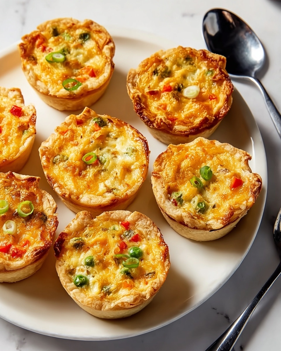 Seven small savory tarts are placed on a round white plate set on a white marbled surface. Each tart has a thin golden-brown crust forming the base and sides. The filling is a mix of melted yellow cheese, finely shredded light brown cooked chicken, small green peas, diced red bell peppers, and bits of translucent cooked onions, creating a colorful and textured top layer. The edges of the filling are slightly browned and crispy. A spoon is visible to the right on the marbled surface. The lighting highlights the warm colors and textures clearly, making the tarts look fresh and appetizing. photo taken with an iphone --ar 4:5 --v 7