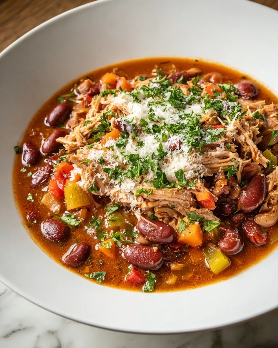 The dish shows a single-layer stew served in a wide white bowl placed on a white marbled texture. The stew has a rich brownish-red sauce base, filled with dark red kidney beans and soft shredded chicken pieces scattered evenly. Visible bright orange carrot slices and small yellow and red bell pepper chunks add color. The stew is topped with finely chopped green herbs and a sprinkle of white grated cheese that contrasts with the warm colors beneath. The overall texture looks thick with a hearty mix of solid ingredients in the sauce. photo taken with an iphone --ar 4:5 --v 7